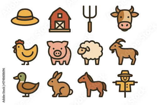 Farm icons: animals, barn, tools, and scarecrow in simple design