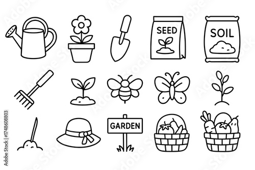 Gardening tools and plants: icons of watering can, seeds, soil, flowers, and insects