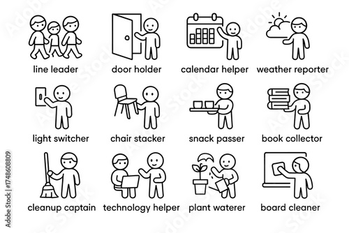 Classroom helper roles illustrated: line leader, weather reporter, plant waterer, more