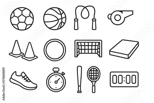 Set of sports equipment icons: balls, whistle, stopwatch, and more