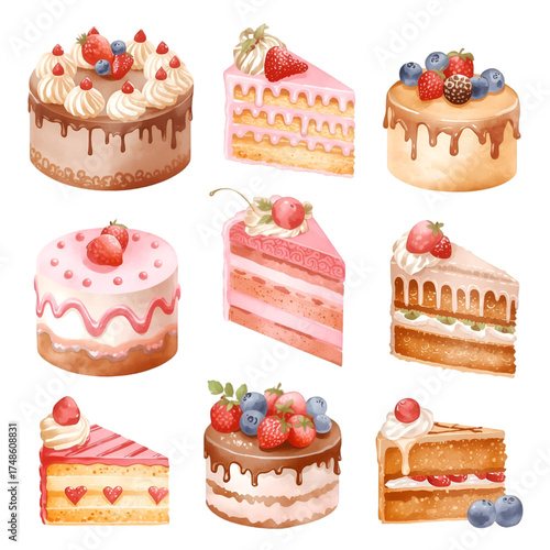 set of cakes and sweets