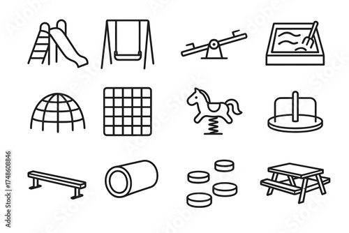 Outline icons of playground equipment including slide, swing, and sandbox