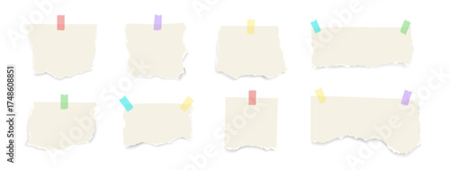 Paper notes with adhesive tape. Vector template with blank sheets, sticky notes, and ripped paper pieces for stationery, reminders, or collage design.