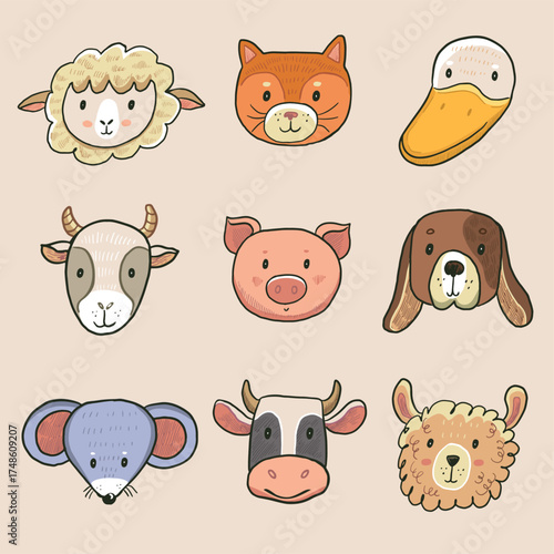 Vector set of cute hand drawn farm animals. Cute cartoon characters.