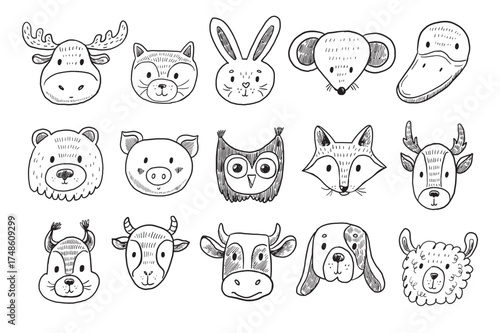 Animal funny heads vector line illustrations set.