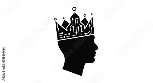 Silhouette profile of a head wearing a crown integrated with circuit board patterns, symbolizing digital leadership.