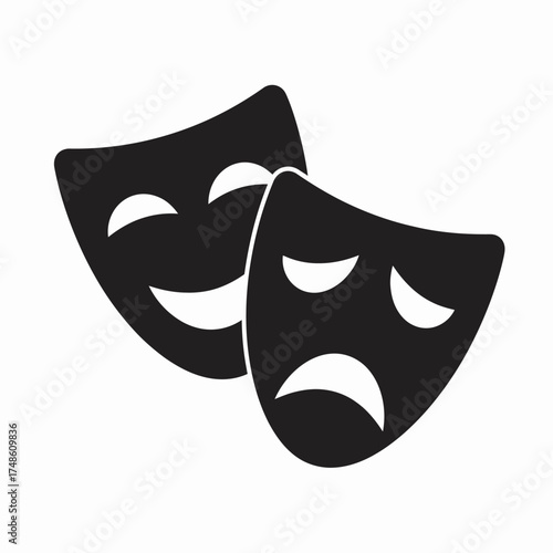 Captivating theatrical masks, one beaming with joy, the other in sorrow, symbolizing the duality of human emotion and performance arts