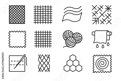 Set of iconic textile patterns and tools featuring yarn and sewing elements