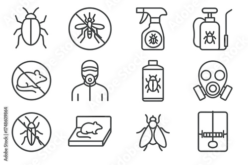 Pest control icons featuring insects, rodents, traps, and protective equipment