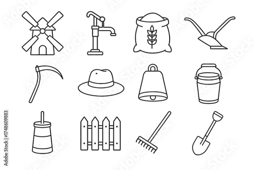 Farm tools outline icons: windmill, pump, sack, plow, scythe, hat, bell, bucket, fence, rake, shovel