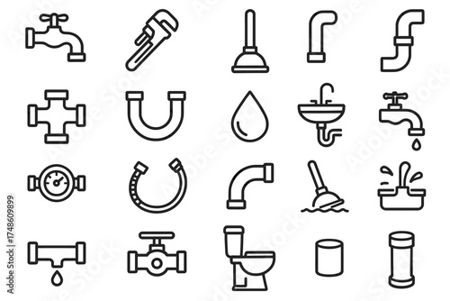Icon set of plumbing tools and fixtures for home improvement and repair