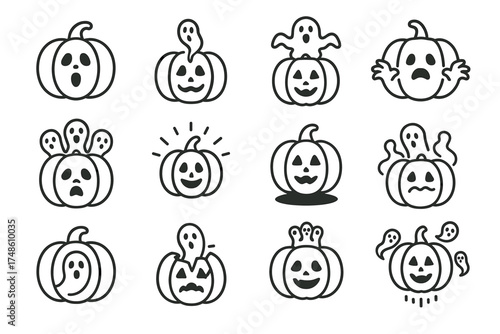 Cute and spooky pumpkin and ghost icons in various expressions