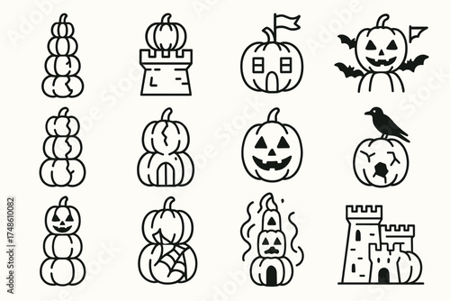 Halloween pumpkins and castles: creative line art with jack-o'-lanterns and haunted designs