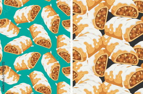seamless pattern set austrian strudel with vanilla ice cream or sweet sugar icing dessert apple pie pastry delicious background menu posters