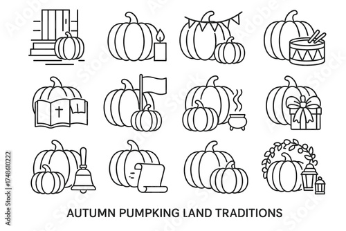 Autumn pumpkin icons: harvest, celebration, tradition, fall, festivity