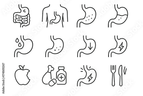 Stomach and digestion icons: health, nutrition, and digestive issues