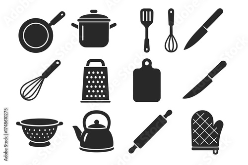 Silhouettes of essential kitchen utensils for everyday cooking tasks