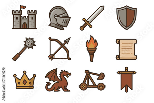 Medieval icon set featuring castle, armor, weapons, dragon, and catapult
