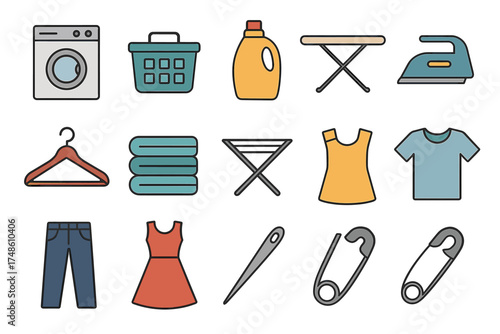 Laundry and ironing icons: washing machine, detergent, ironing board, clothing symbols