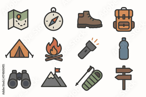 Colorful outdoor adventure icons set: map, compass, backpack, tent, campfire, mountain
