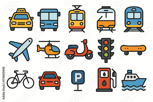 Colorful icon set of vehicles and transportation modes