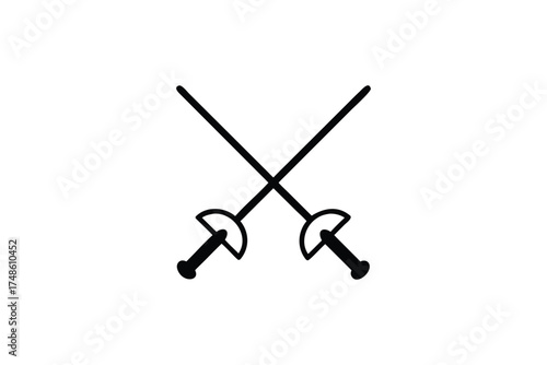 Two crossed fencing swords in a bold minimalist black silhouette