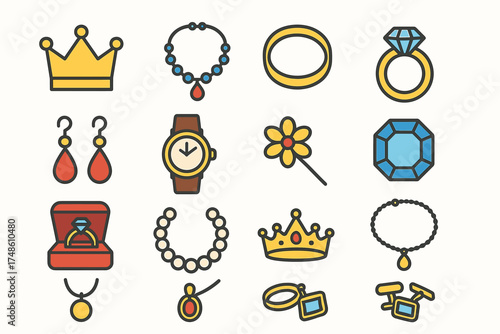 Colorful icons of various jewelry items: crowns, necklaces, rings, earrings, watches