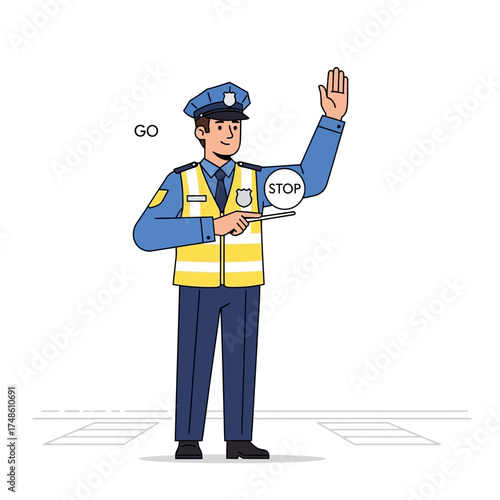 Professional police officer directing traffic with clear stop signal, ensuring public safety and order on busy streets