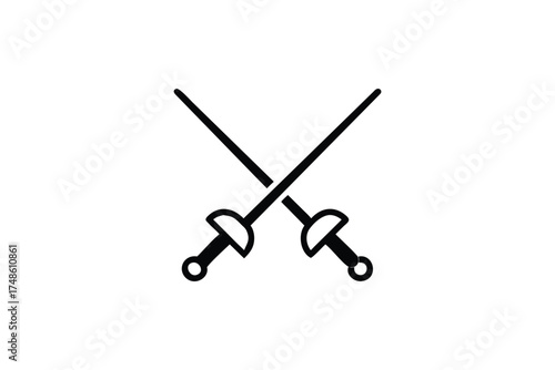 Two crossed fencing swords in a stark black and white silhouette