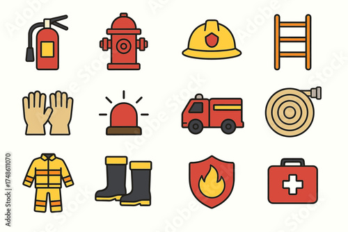 Firefighting equipment icons: extinguisher, hydrant, helmet, ladder, gloves, siren, truck, hose, suit, boots, shield, kit