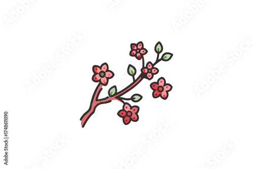 Delicate floral branch with vibrant blossoms and leaves artful silhouette