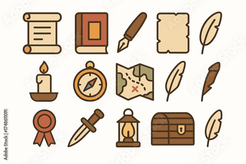 Vintage exploration tools and symbols: maps, compass, quill, chest, candle