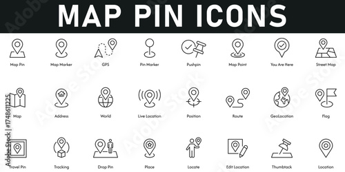 Map pin and location line icon set covers GPS, position, address, place, geolocation, tracking, direction, pushpin, guide, navigation and destinations. Simple, editable stroke vectors clean, minimal