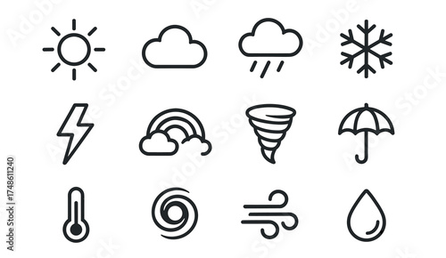 Weather icons: sun, cloud, rain, snowflake, lightning, rainbow, tornado, umbrella