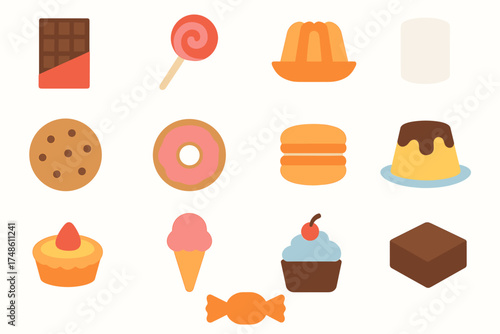 Assorted desserts and sweets: chocolate, cake, macaron, and more illustrated icons