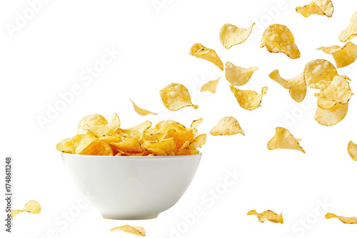Crispy potato chips elegantly cascade from a bowl in a bright, minimalist kitchen setting