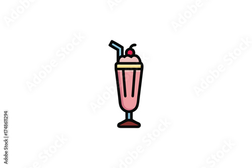 Colorful illustration of a strawberry milkshake in a tall glass silhouette