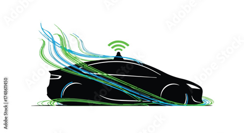 Sleek autonomous vehicle with digital signals and fluid motion lines, symbolizing future transportation and connectivity.