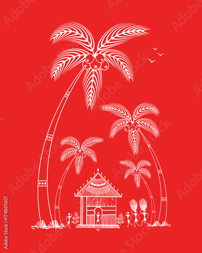 Indian Tribal Art: Depicting Prosperity and Village Livelihood in Authentic Warli. Warli art, Coconut tree, Rural life India, Indian tribal art