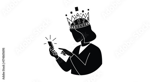Empowered queen browsing smartphone with glowing screen and crown