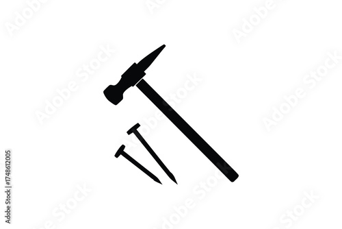 A hammer and nails in a simple black and white silhouette