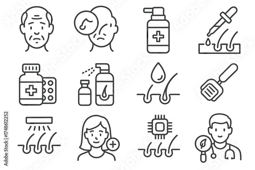 Dermatology icons: skin care, treatment, aging, and health professionals