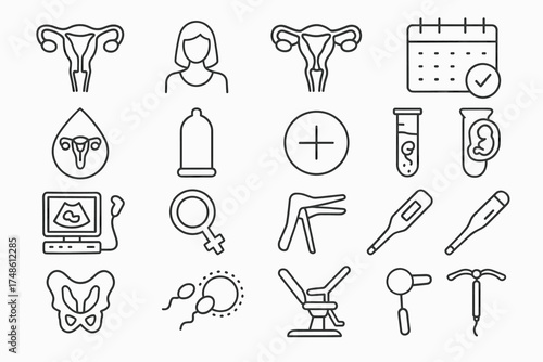 Icons of female reproductive health: pregnancy, menstrual cycle, contraception, fertility, uterus