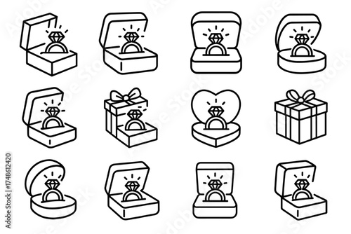 Collection of ring boxes with engagement rings in outline style