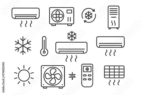 Air conditioning and temperature control icons set for heating and cooling systems