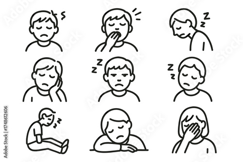 Drowsy cartoon characters displaying sleepiness and fatigue