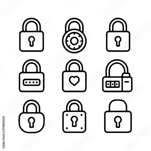 set of outline icons locks vector on a white background
set of 9 line icons, vector, on a white background