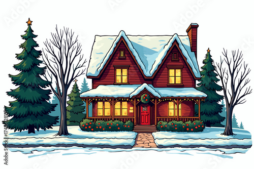 Charming winter house with festive decorations, snow-covered landscape, and evergreen trees