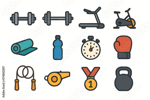 Colorful gym equipment icons: dumbbells, treadmill, yoga mat, stopwatch, kettlebell