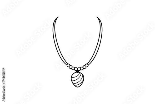 Simple line drawing of a beaded necklace with a pendant silhouette